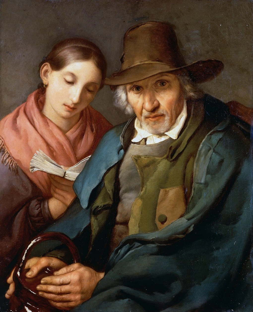 Giovanni Carnovali - Figura di anziano seduto con un giovane popolano che legge un libro